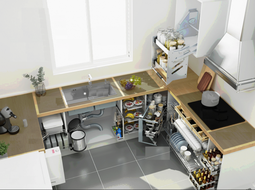 tủ ngăn kéo cho bếp thông minh - Mẫu tủ bếp chung cư đẹp
