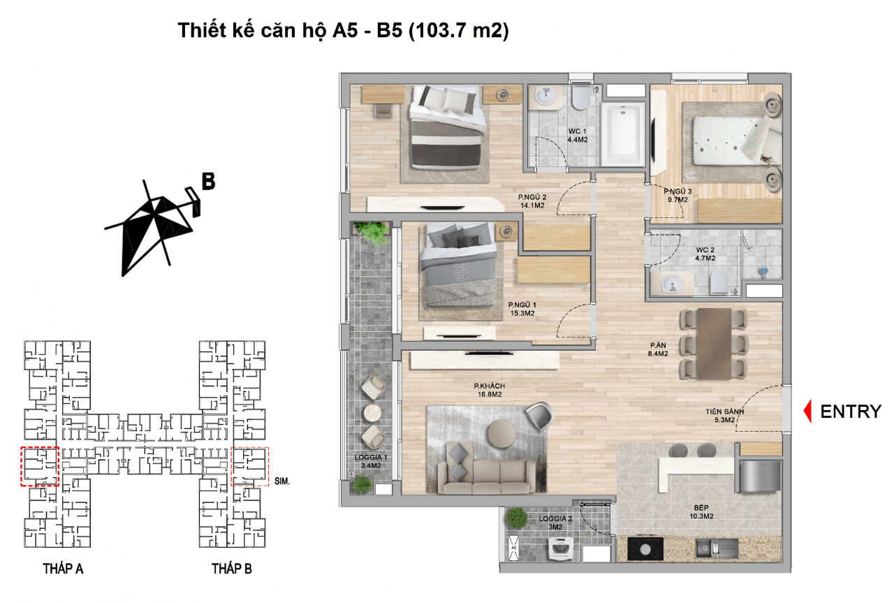 thiết kế nội thất chung cư The Zei Mỹ Đình 3 phòng ngủ A5 B5