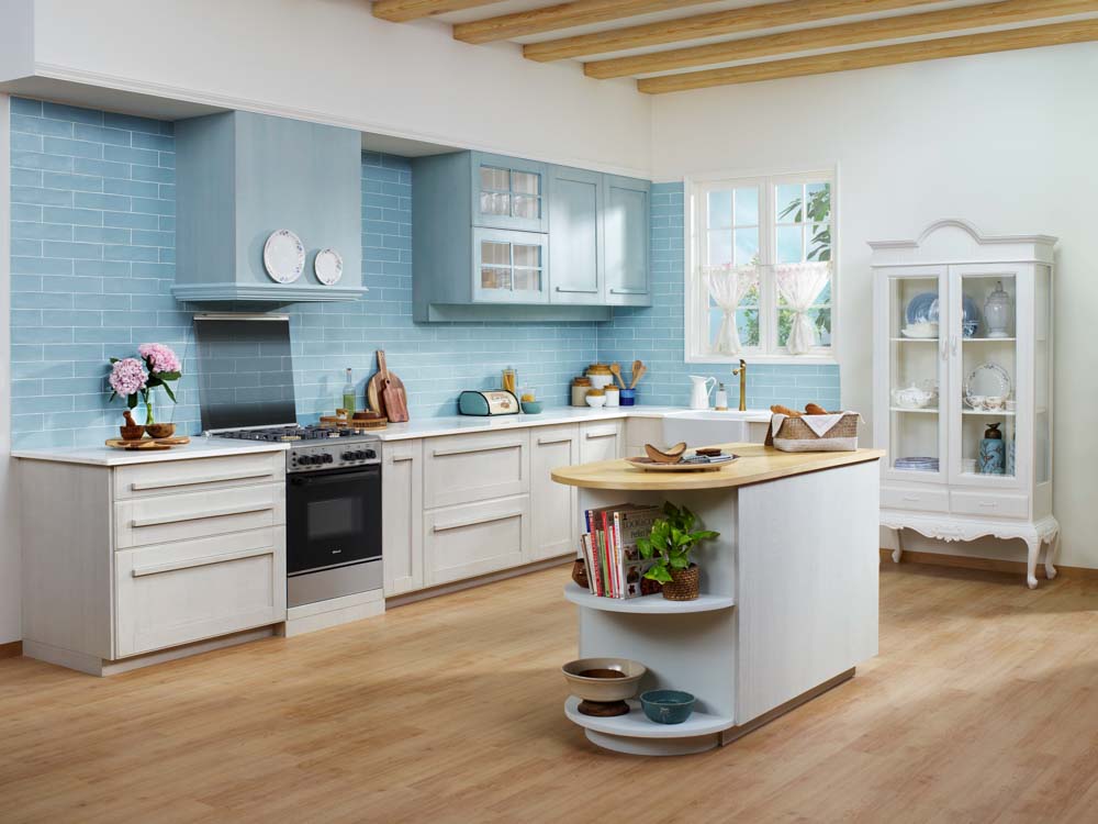 mẫu nội thất phòng bếp màu xanh và gỗ