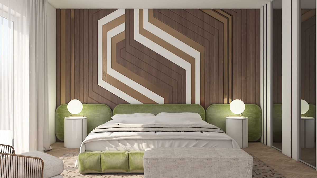 trang trí tường phòng ngủ bằng gỗ ván ép hình học TOPDESIGN