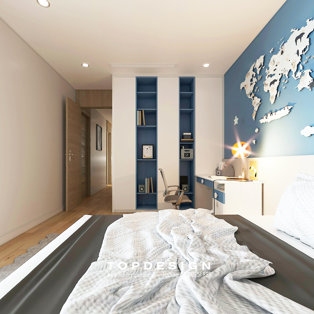mẫu thiết kế nội thất phòng ngủ bé trai màu xanh dương