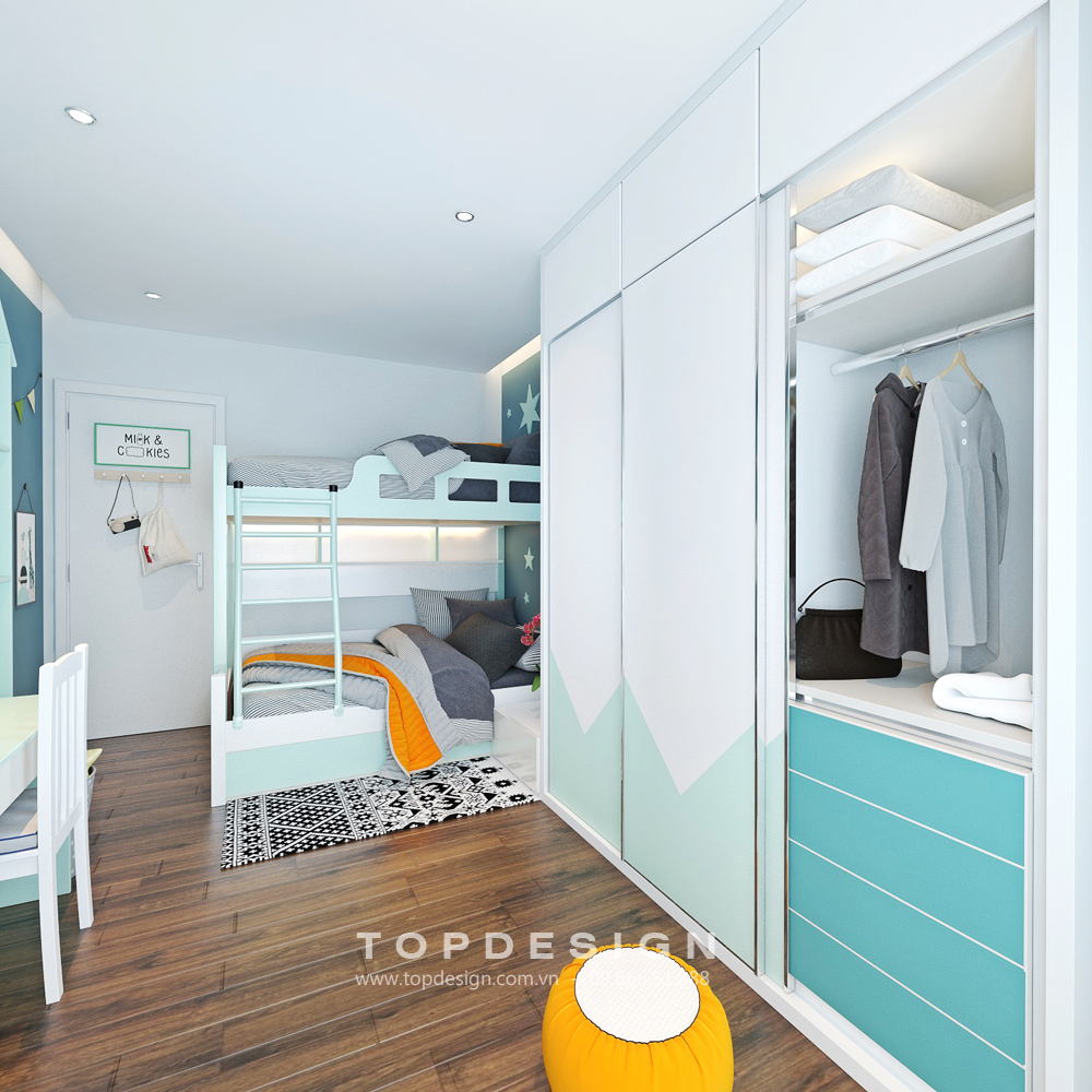 mẫu thiết kế nội thất phòng ngủ trẻ em màu xanh pastel 3