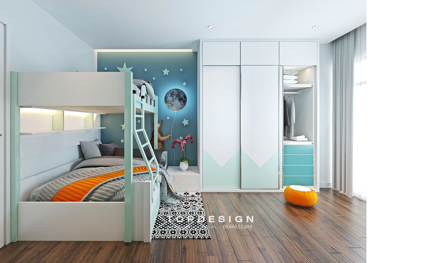 mẫu thiết kế nội thất phòng ngủ trẻ em màu xanh pastel 4