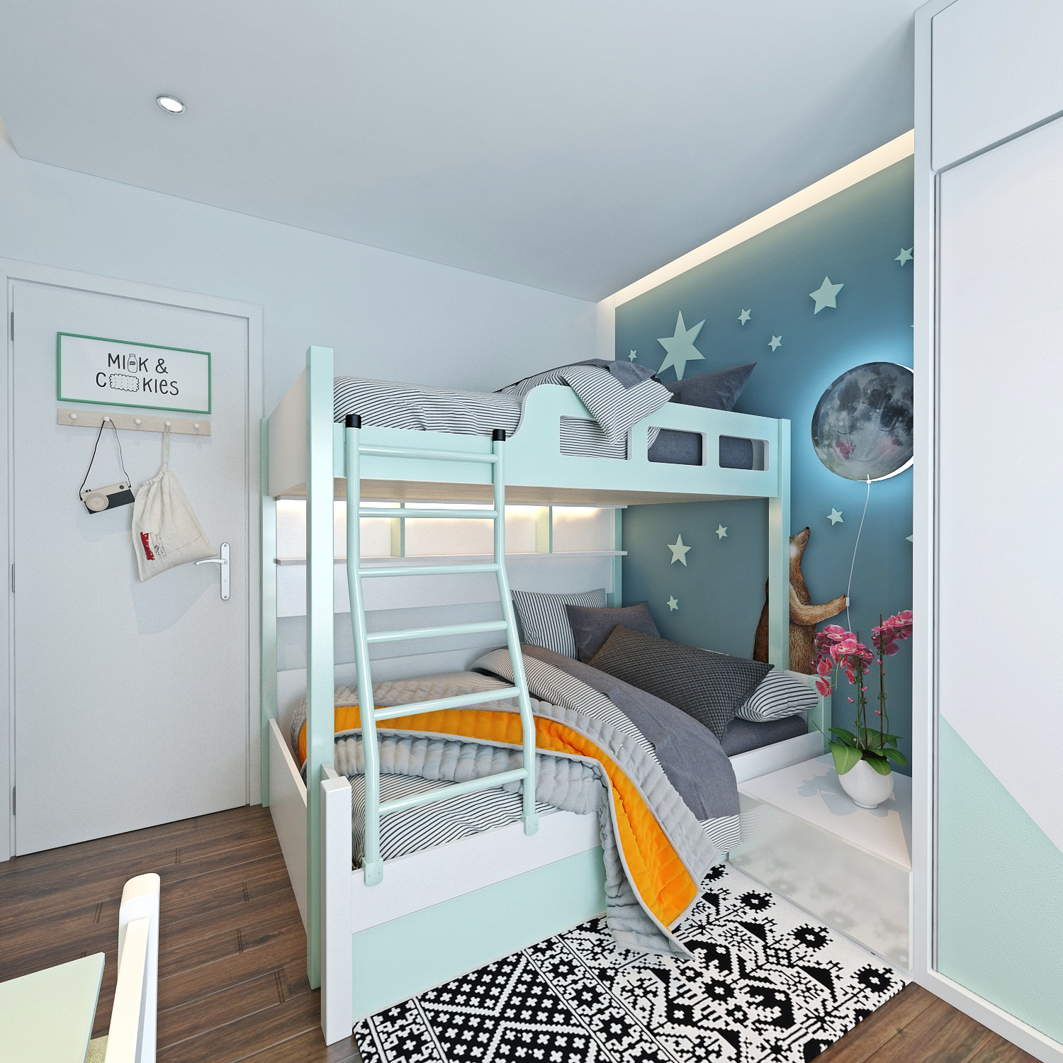 mẫu thiết kế nội thất phòng ngủ trẻ em màu xanh pastel 6