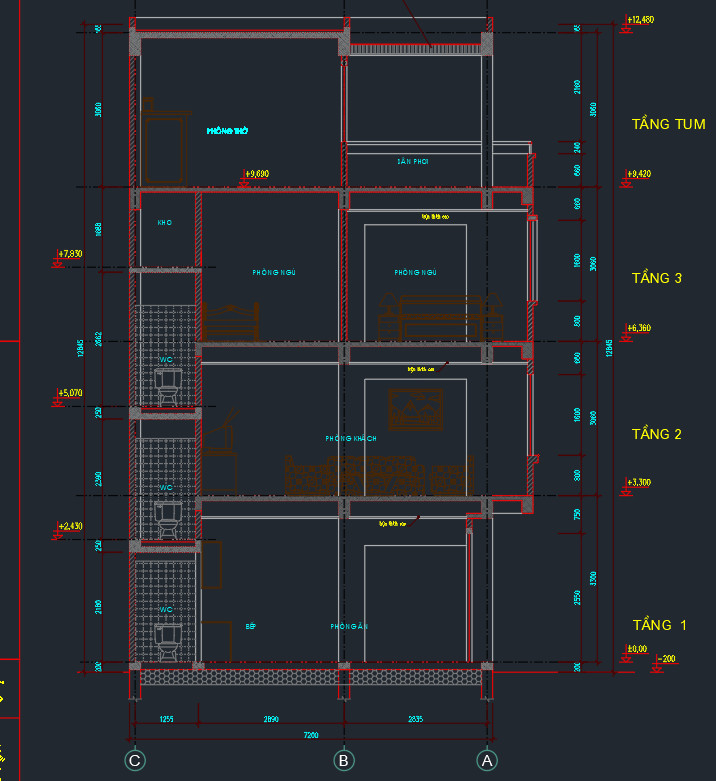 mẫu bản vẽ nhà phố 3 tầng 1 tum TOPDESIGN