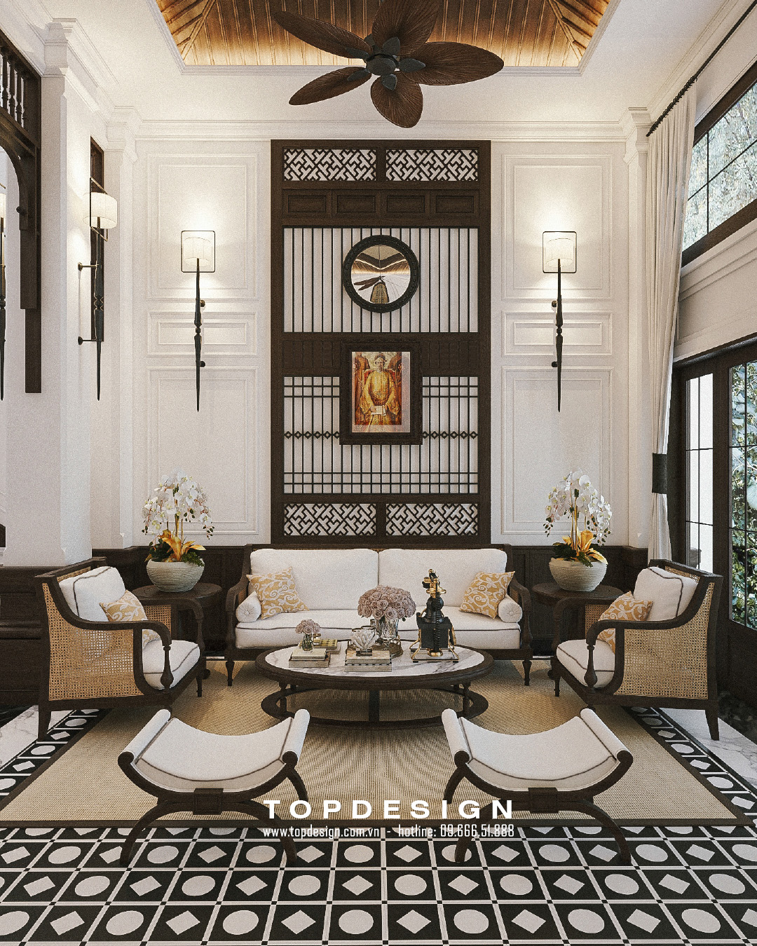 1. thiết kế nội thất nhà phố phong cách Indochina- tầng 1 và phòng khách-02-TOPESIGN