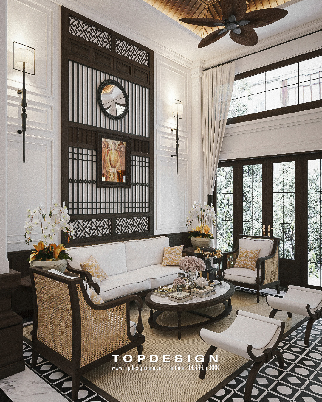 1. thiết kế nội thất nhà phố phong cách Indochina- tầng 1 và phòng khách-04-TOPESIGN