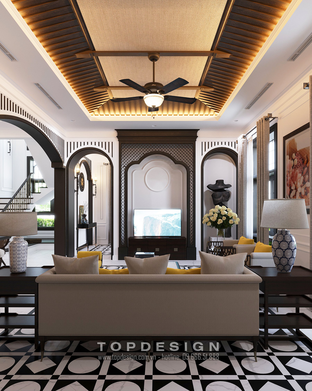 Thiết kế nội thất biệt thự phong cách Indochine đẹp sang trọng tại Hà Tĩnh