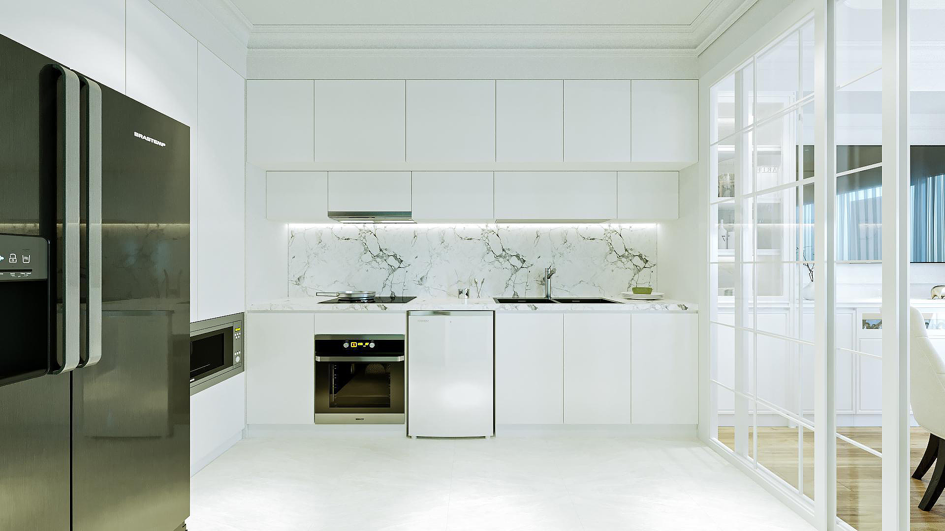 thiết kế nội thất bếp biệt thự phong cách công nghiệp hiện đại màu trắng