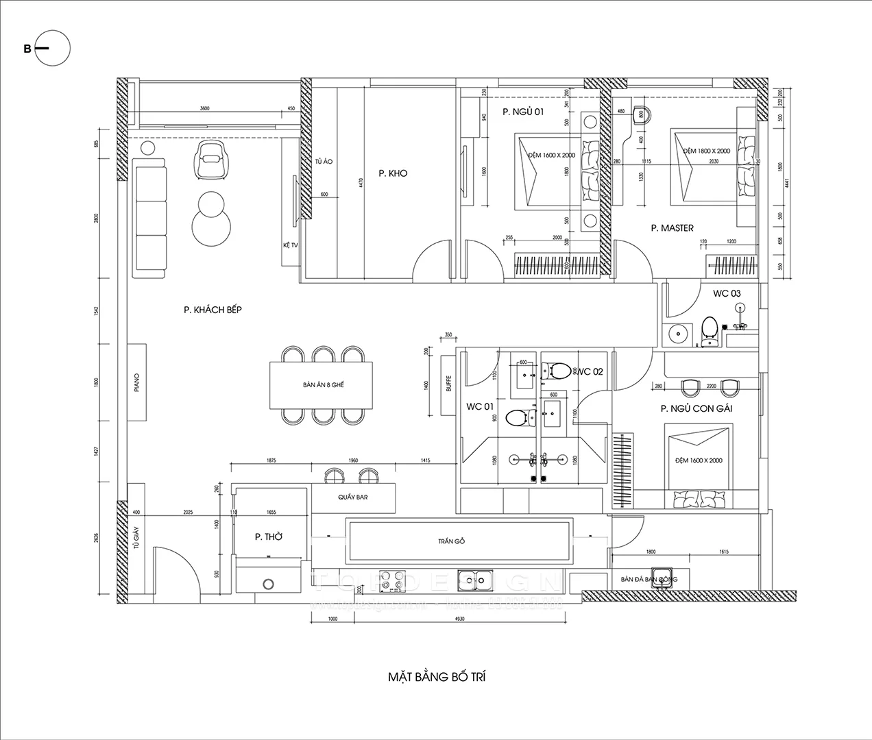 1. Thiết kế nội thất căn hộ ngoại giao đoàn 180m2 - mặt bằng bố trí